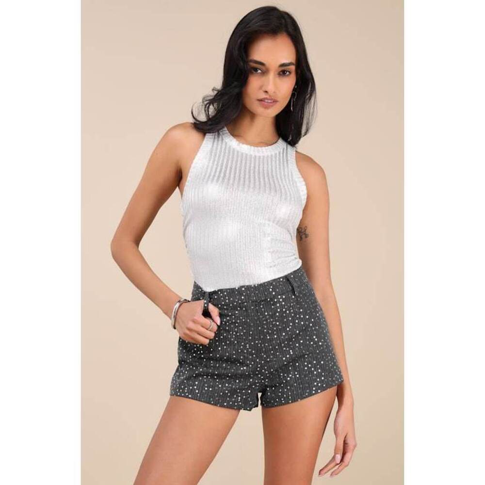Lulus Caria Dark Grey Sequin Mid-rise Micro Shorts - Size L - NWT